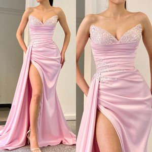 Roze mode lichte prom jurken pailletten lieverd avondjurken taille decor plooien spleet formele rode loper lange special ocn feestjurk