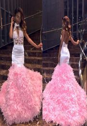 Pink Feather Halter Mermaid Prom Dresses 2K18 Sexy Backless Zie door avondjurken Tule Ruched Sweep Train South African Party3410487