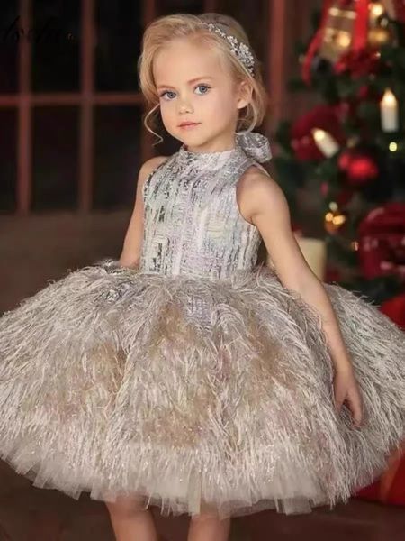 Pink Feather Tier Flower Girls Robes Puffy Tulle Ruffles Jupe Birthday Party Enfant Appliquée Toddler Pageant Robes Kids Prom Robe 403