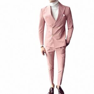 Rose Fi Sunshine Hommes Costumes Double Boutonnage 2 Pièces Veste + Pantalon Col À Pointe Slim Fit Costumes pour La Fête De Mariage Tuxedos R8MX #