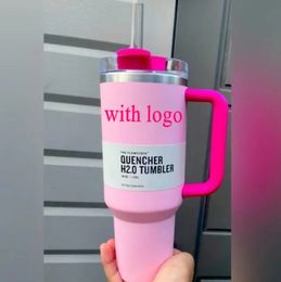 ROZE Flamingo 40oz Quencher H2.0 Koffiemokken Kopjes buiten kamperen reizen Autokop RVS Tumblers Kopjes met siliconen handvat Valentijnsdag Cadeau 1:1 Hetzelfde 12.8