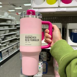 Pink Flamingo 40oz Quencher H2.0 Koffie Mokken Cups Camping Travel Car Cup Roestvrijstalen tumblers Cups Siliconengreep Valentijnsdag Gift US Stock 1123