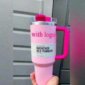 ROZE Flamingo 40oz Quencher H2.0 Koffiemokken Kopjes buiten kamperen reizen Autokop RVS Tumblers Kopjes met siliconen handvat Valentijnsdag Cadeau 1:1 Hetzelfde 0205