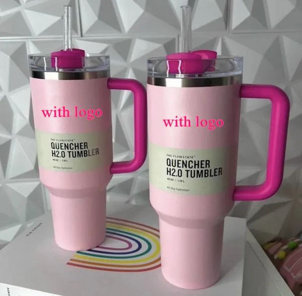 PINK Flamingo 40oz Quencher H2.0 Tazas de café Tazas Viajes para acampar al aire libre Taza para automóvil Vasos de acero inoxidable Tazas con mango de silicona Regalo del día de San Valentín con logotipo 0130