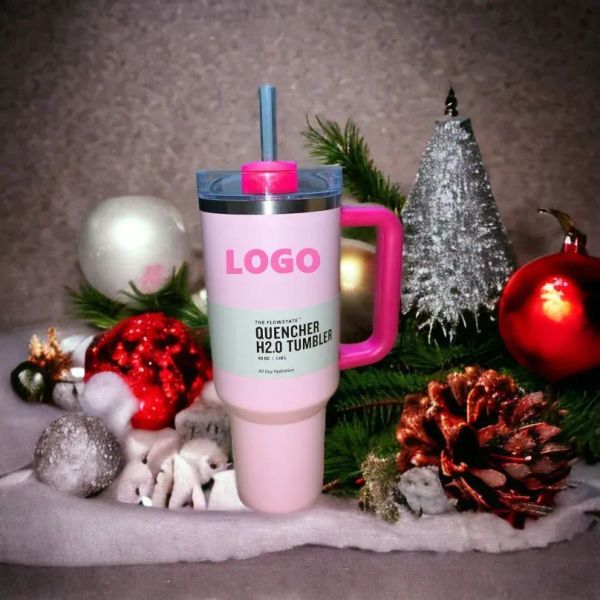 PINK Flamingo 40oz Quencher H2.0 Tasses à café Tasses de camping en plein air Voyage Tasse de voiture Gobelets en acier inoxydable Tasses avec poignée en silicone Cadeau Saint-Valentin 1: 1 Même logo 0206