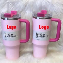 Roze Flamingo H2.0-logo roze tie-dye 40 oz beker met handvat geïsoleerde bekerdeksel rietje roestvrijstalen koffiekopje met X Copy-logo Watermelon Moonshine 0226