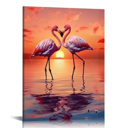 Art mural flamant rose pour le salon, amant romantique baiser sur le décor de peinture en toile océan