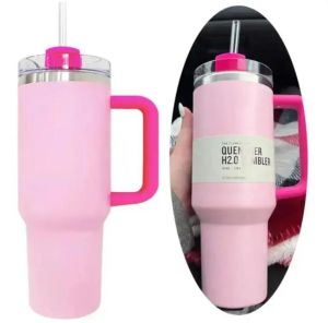 ROZE Flamingo met handvat deksel en rietje 1:1 Maak waterflessen 40oz Quencher H2.0 Reizen koffiemokken Cups camping RVS Tumblers 1215