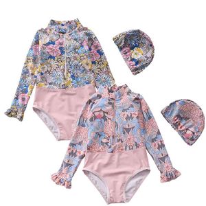 Roze bloemen baby lange mouw meisjes badpak een stuk kinderen badmode peuter badpak beachwear zonbescherming 210417