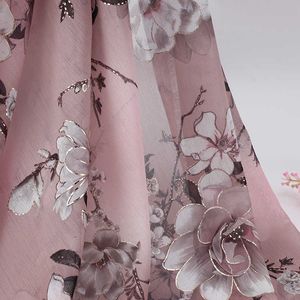 Tissu en mousseline de soie florale rose au mètre, tissu de créateur de vêtements d'impression de motif de fleur métallique bronzant pour robes 210702
