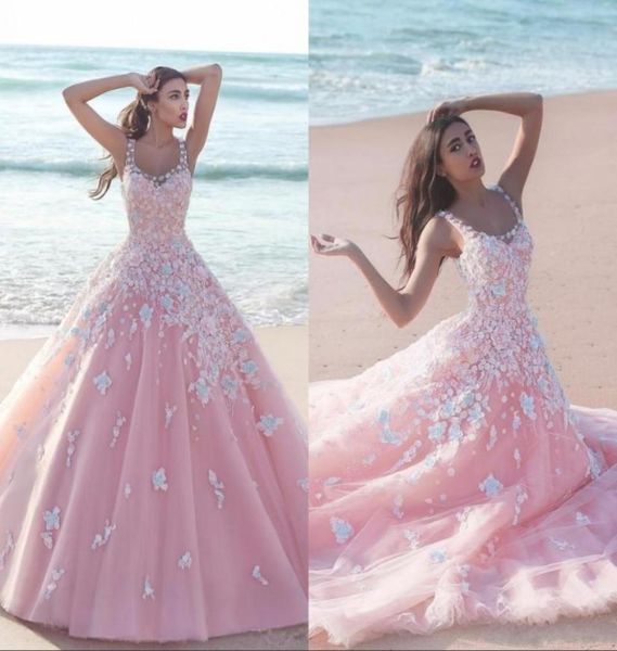 Robe de balle à fleurs florales rose robes quinceanera 2020 applique en tulle scoop sans manches corson de dentelle longues