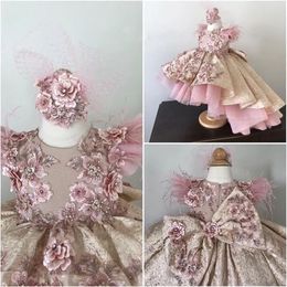 Robes de fille de fleur florale rose pour le mariage haut bas plume dentelle appliques bébé robe de fête d'anniversaire filles Pageant robes de bal vêtements pour enfants