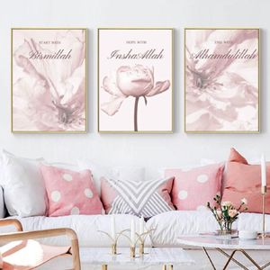 Roze Bloemen Islamitische Canvas Muurschildering Bismillah Prints Muur Kunst Geschenken Poster Affiche Islamiqu Schilderij Woonkamer Home Decor Paintings304r