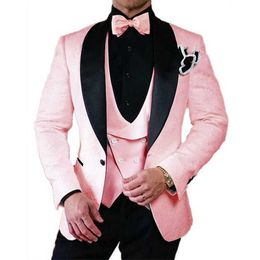 Roze bloemen jacquard bruiloft smoking voor bruidegom sjaal revers 3 stuks slim fit heren past mannelijke mode blazer vest met broek x0909