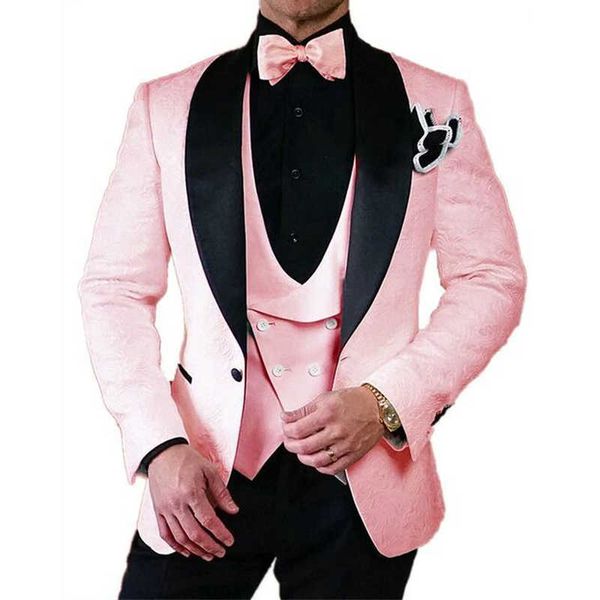 Tuxedo de mariage en jacquard floral rose pour marié châle revers 3 pièces slim fit costumes pour hommes blazer de mode masculine gilet avec pantalon x0909