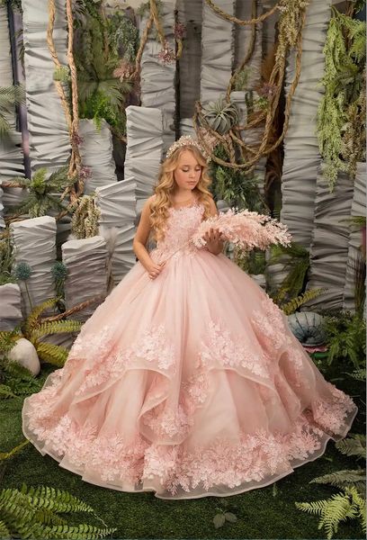 Robes de fleurs en dentelle à fleurs roses moelleuse Princesse Pageant pour enfants Bouche de bal d'anniversaire
