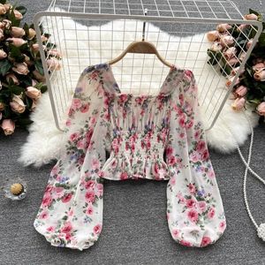 Pink Floral Printing Chiffon Collar Collar Manio de la linterna Camisa de blusa de mujer Copia de ropa femenina coreana Summer 240412