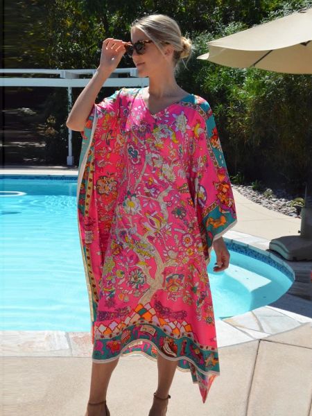 Robe de plage à fleurs roses, grande taille, caftans pour femmes, robes Maxi d'été, Robe de vacances en bord de mer, maillot de bain