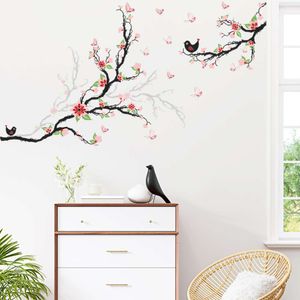 Autocollants muraux en PVC, fleur rose, papillon, oiseaux, branches d'arbre, pour salon, chambre à coucher, arrière-plan de canapé, décoration de salle