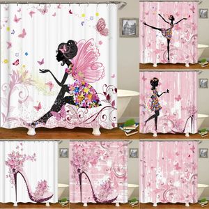 Rose fleur papillon filles rideaux de douche salle de bain rideau tissu imperméable Polyester pour décor de bain avec crochets 240328