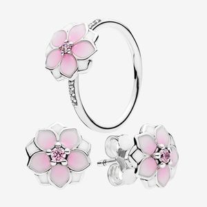Roze bloem schattige sieraden sets ring en stud oorbel met originele doos voor pandora 925 sterling zilveren ringen oorbellen set voor vrouwen meisjes