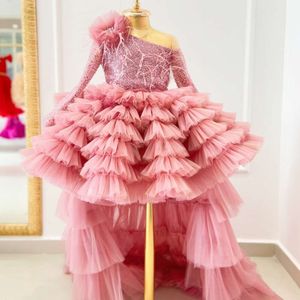 Roze bloemenmeisje jurken voor bruiloften feest verjaardag prinses veer tule optocht jurk formele prom -jurken met lange trein