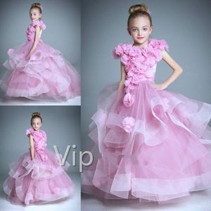 Roze bloem meisje jurken handgemaakte bloem schattige prinses kinderen vloer lengte bruidsmeisje jurk tiered tule meisjes pageant jurk