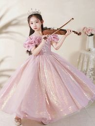 Robes de fille de fleur rose Petits enfants robes de fête d'anniversaire à paillettes en dentelle en dentelle en tulle robe princesse reine robes de mariage