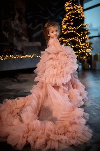 Roze bloemenmeisje fotoshoot peuter voor bruiloftswedstrijd jurk baby prom tule ruches kerstjurken verjaardagsfeestje eerste communie lange mouwen