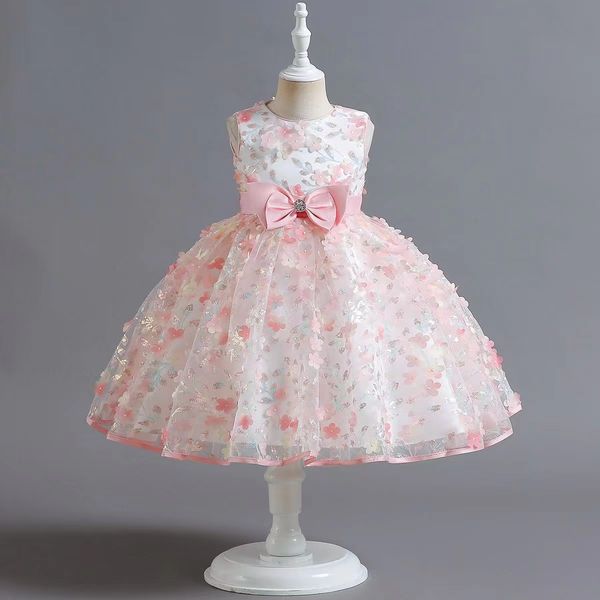 Robes de filles de fleurs roses Appliques paillettes à la main robe de bal volants robes de concours en tulle pour filles bébé mariage cristal perlé robes d'anniversaire