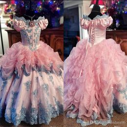 Vestidos rosados para niñas de flores con hombros descubiertos Vestido de fiesta de manga corta con volantes Vestidos para fiestas de cumpleaños para niñas Vestidos para desfiles para niñas