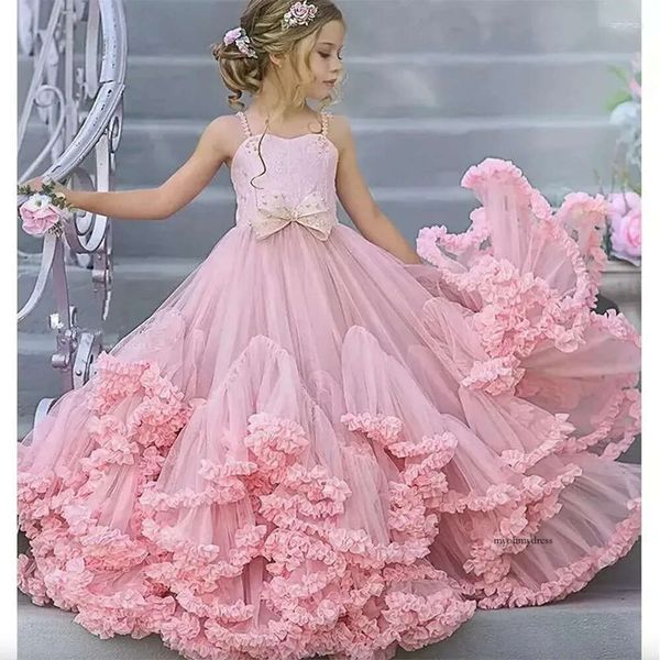 Les filles de fleurs roses robes en tulle jupe à plusieurs niveaux de jupe élégante première fête eucharistique pour enfants anniversaire fille concours de concours 0509