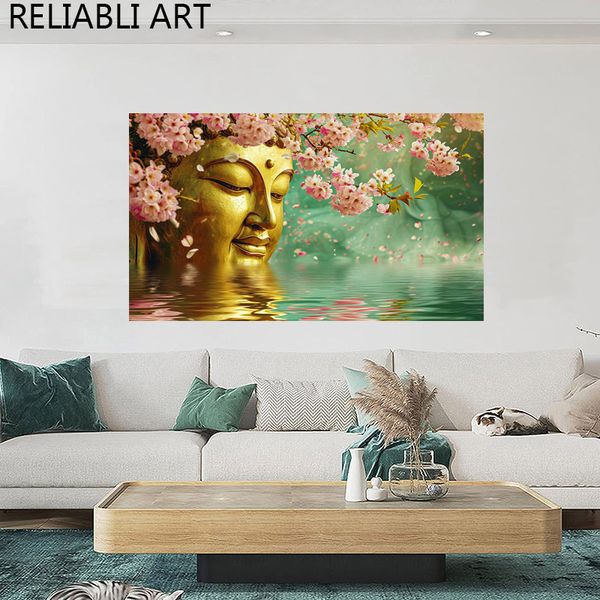 Pink Flower Golden Buddha Estatua en agua sobre lienzo, pintura de póster de paisaje de budos estampados modernos, decoración de la sala del arte de la pared