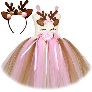 Roze bloemen hertenkostuums voor babymeisjes kersttutu jurk Kids dieren rendieren outfits kinderen Xmas cadeau jaren kleding 240429