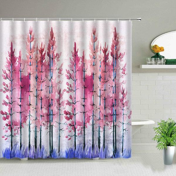 Rideaux de douche de paysage de couleur d'eau de forêt rose, décor de baignoire de paysage de montagne, rideau de salle de bains en tissu imperméable avec crochets