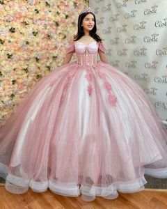 Roze Gillter Prinses Quinceanera Jurken Off Schouder Uitbenen Corset Applique Kapel Trein vestidos 15 quinceanera Prom