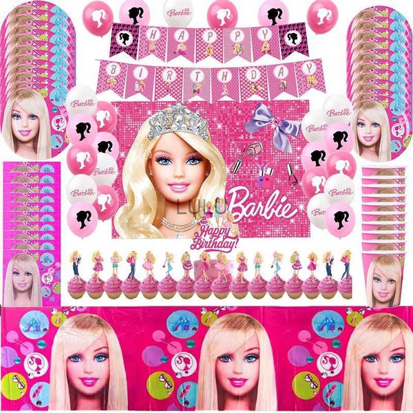Pink Girl Barbiee Decoración de cumpleaños Suministros para fiestas Globo Banner Telón de fondo Vajilla Cake Topper Baby Shower HKD230825 HKD230825
