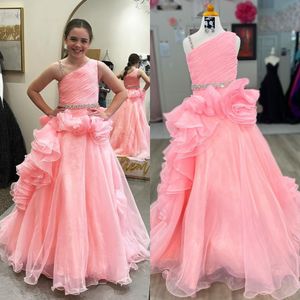 Roze meisje optochtjurk Ruche Ruches Organza Baljurk Klein kind Verjaardag Formeel Cocktailparty Jurk Baby Peuter Tieners Preteen Klein Jong Junior Eén schouder