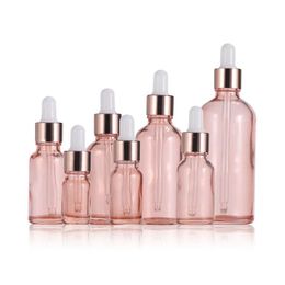 Botella cuentagotas de vidrio rosa, 5-100ml, líquido de aromaterapia, tubos de perfume básicos esenciales, pipeta de aceite de masaje, botellas recargables Larsc