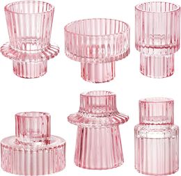 Bougeoirs en verre rose, accessoires de décoration de mariage, chandelier pour centre de table candélabre à rayures verticales