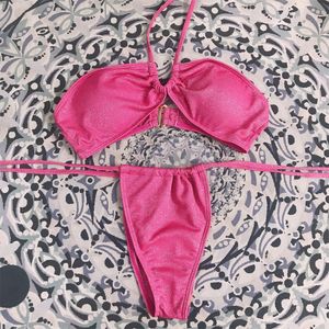 Conjunto de bikini con purpurina rosa para mujer, traje de baño de moda, traje de baño, vendaje, trajes de baño sexys ostentosos, almohadilla sexy, pieza de remolque, colores sólidos, estilo simple