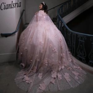 Roze glitter Crystal 3d Flowers Ball Jurk Quinceanera -jurken met cape Appliques Lace Beading Corset Vestidos de 15 anos