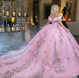 Roze glitter kristal kralen kronkelende kogel jurk quinceanera jurken van de schouder lovertjes Appliques Lace Sweet Vestidos de 15 anos