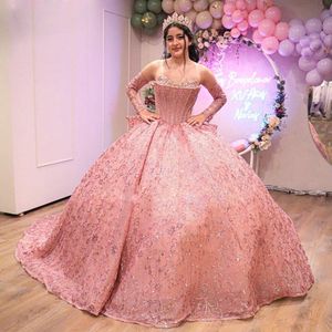 Roze Glitter Kristal Quinceanera Jurken Kralen Kant Applicaties Vestidos De 15 Anos Afneembare Mouw Junior Meisjes Verjaardagsfeestje Jurken 326 326