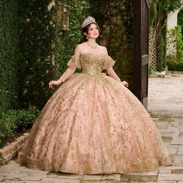 Vestido De fiesta con lentejuelas y cristal rosa con purpurina, Vestidos De quinceañera con hombros descubiertos, apliques dorados, corsé con cuentas, Vestidos De 15 anos