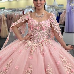 Vestido de quinceanera rosa Glitter Sweet 15 16 Vestido Floral Embellido Vestido de pelota Corsé Apliques Tull 2024 Prom Cocktail Vestidos
