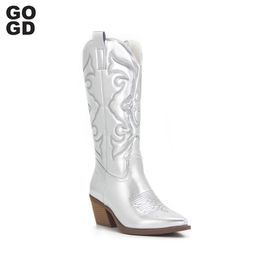 Roze Gogd Cowboy 341 Cowgirl for Women Fashion Zip Borduurde puntige teen chunky hiel midden kalf westerse laarzen shinny schoenen 231219
