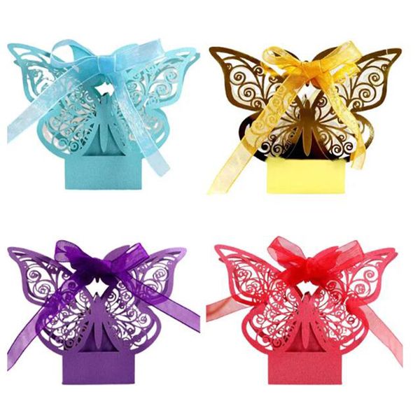 Boîtes-cadeaux papillon rose en or rose en gros de bonbons faveurs emballage avec rubans pour baby shower de mariage de fête d'anniversaire de fête