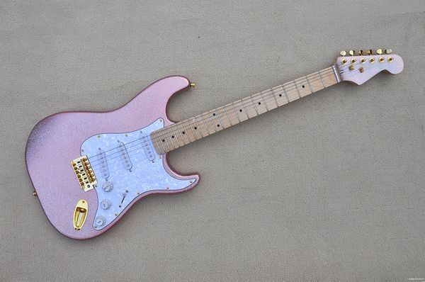 Guitarra eléctrica con pintura de gránulos rosas con mástil de arce, golpeador de perla blanca, herrajes dorados, brinda servicios personalizados