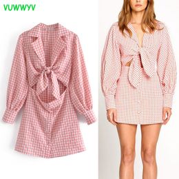 Roze Groene Plaid Cut Out Mini Dress Dames Zomer Elegante Vakantie Stijl Slanke Vrouw Lange Mouw Voor Knot Vestidos 210430